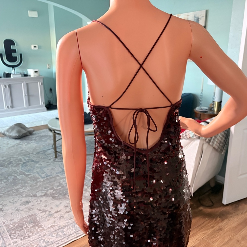 Burgundy Sequin Mini Dress - Sparkle Cocktail Party Dress |Size XXS - Picture 4 of 9